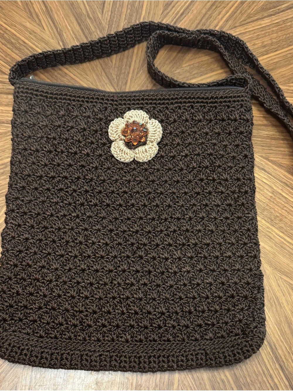 Handmade Crochet Black Shoulder Bag with Cream Flower Accent